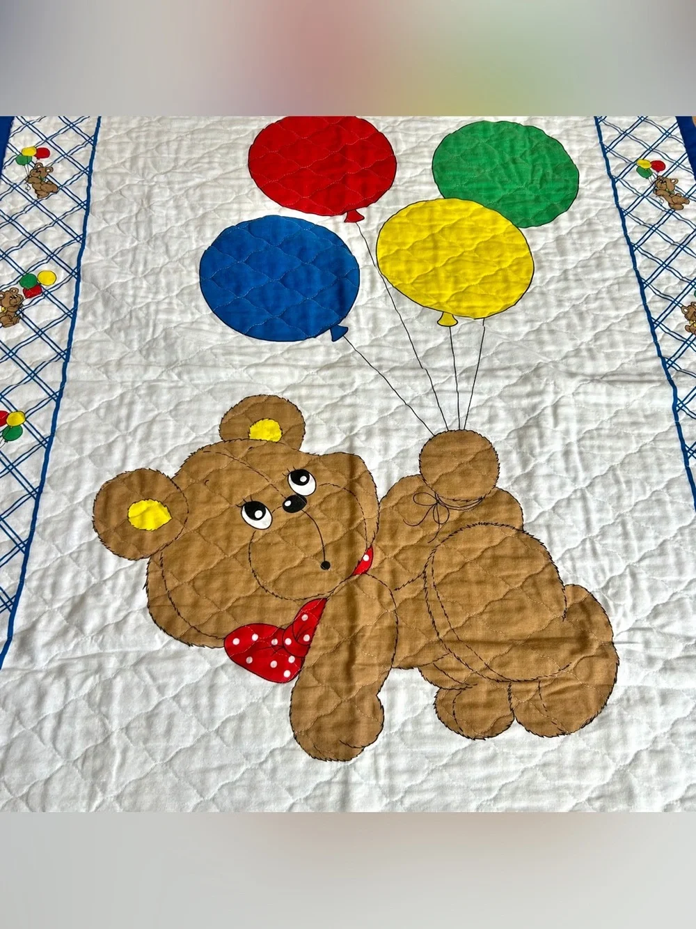 Vintage Teddy Bear Balloons Baby Quilt Nursery Blanket Boy Girl Gender Neutral